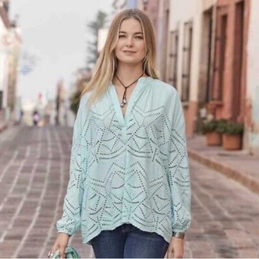 NWOT Sundance Boho Peasant Popover Top Cottagecore Long Sleeve S Eyelet in Mint